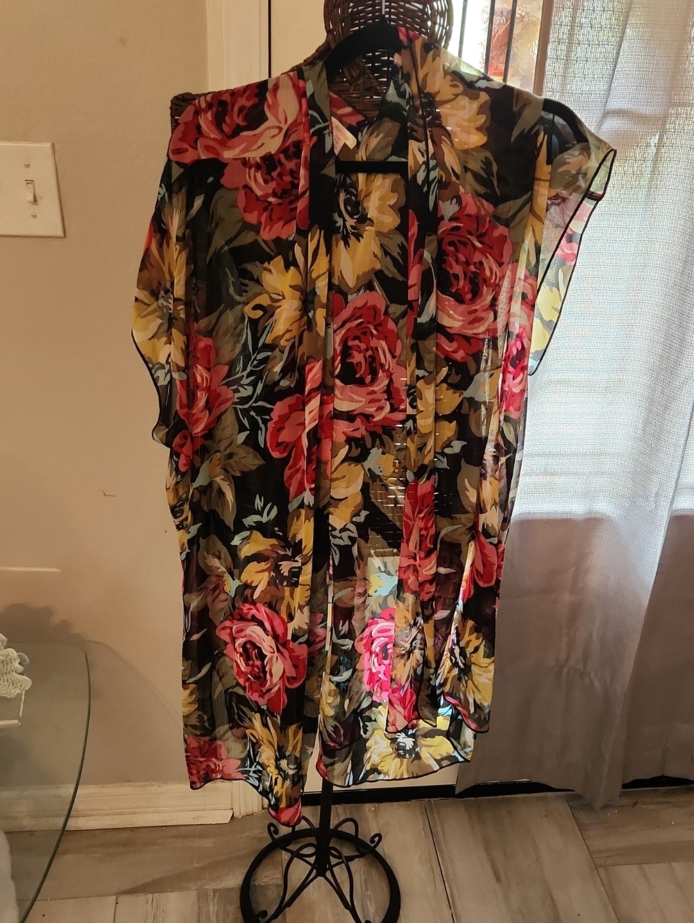 Xhilaration Black Sheer Floral Cardigan with Pink & Yellow Roses